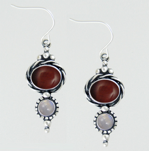 Sterling Silver Drop Dangle Earrings With Red Tiger Eye And Rainbow Moonstone